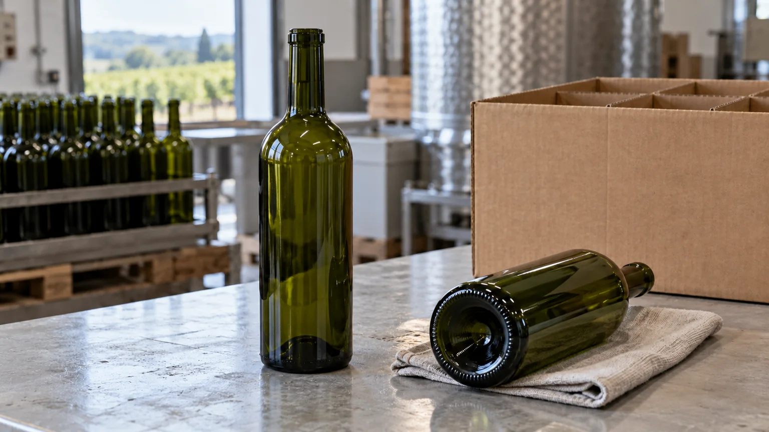 Upright open green wine bottle beside a horizontal bottle with its recessed base facing forward