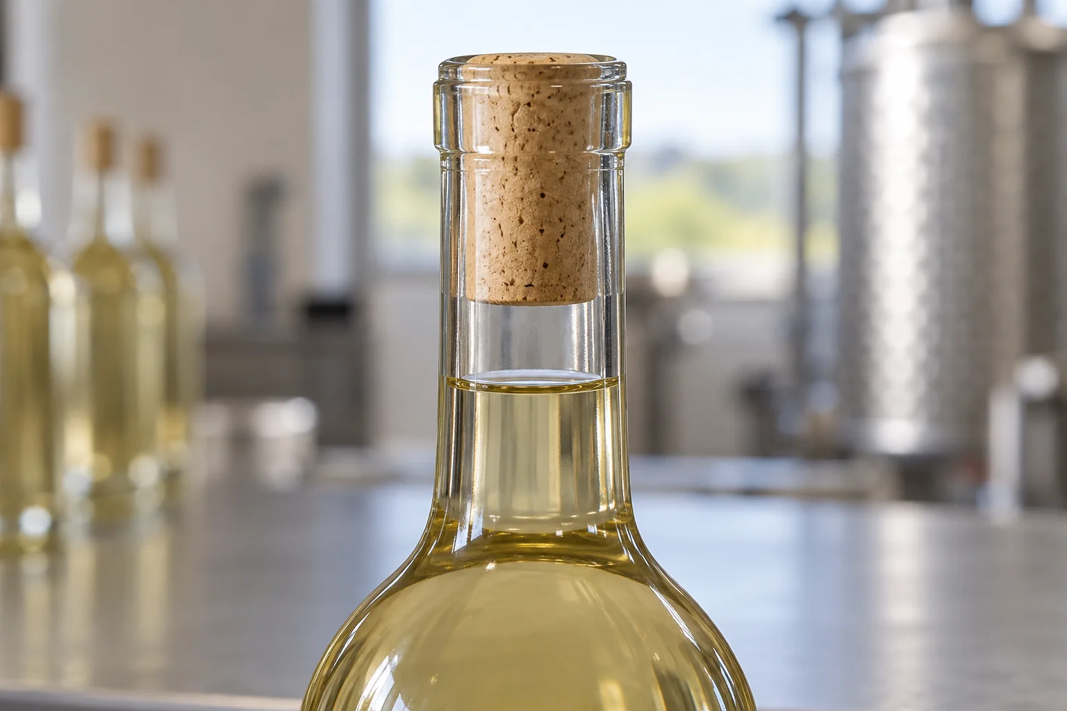 Clear wine bottle neck with a cork seated at the rim and an air gap above the pale wine surface