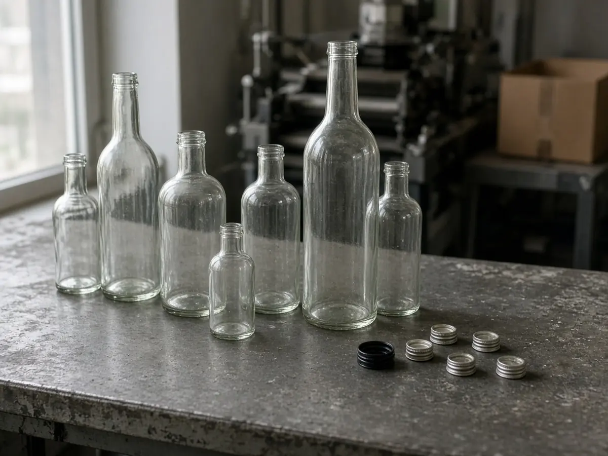 Empty clear glass bottles of several heights standing on a worn metal table, with loose metal caps and one black cap beside them.