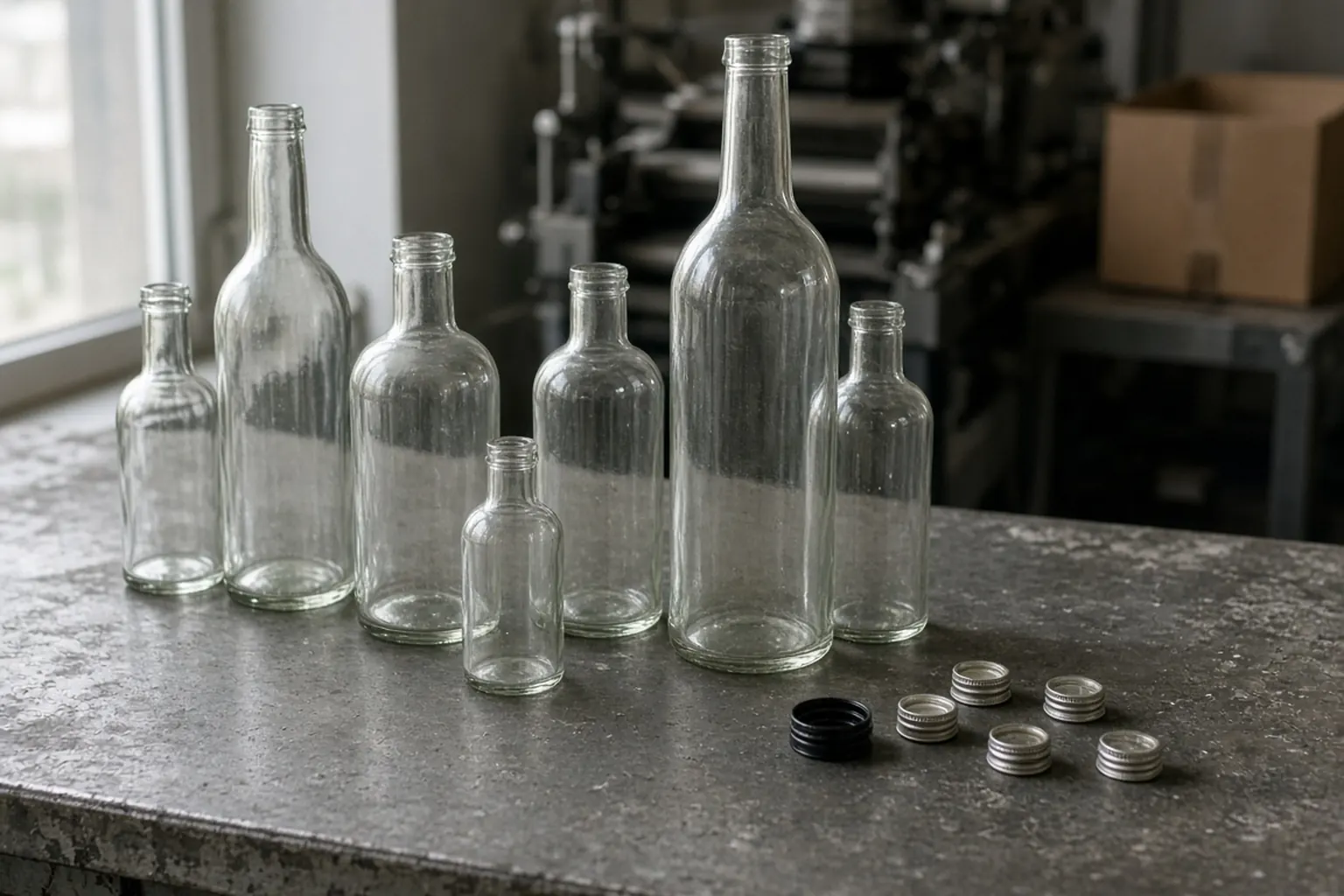 Empty clear glass bottles of different heights and loose caps on a worn metal table.