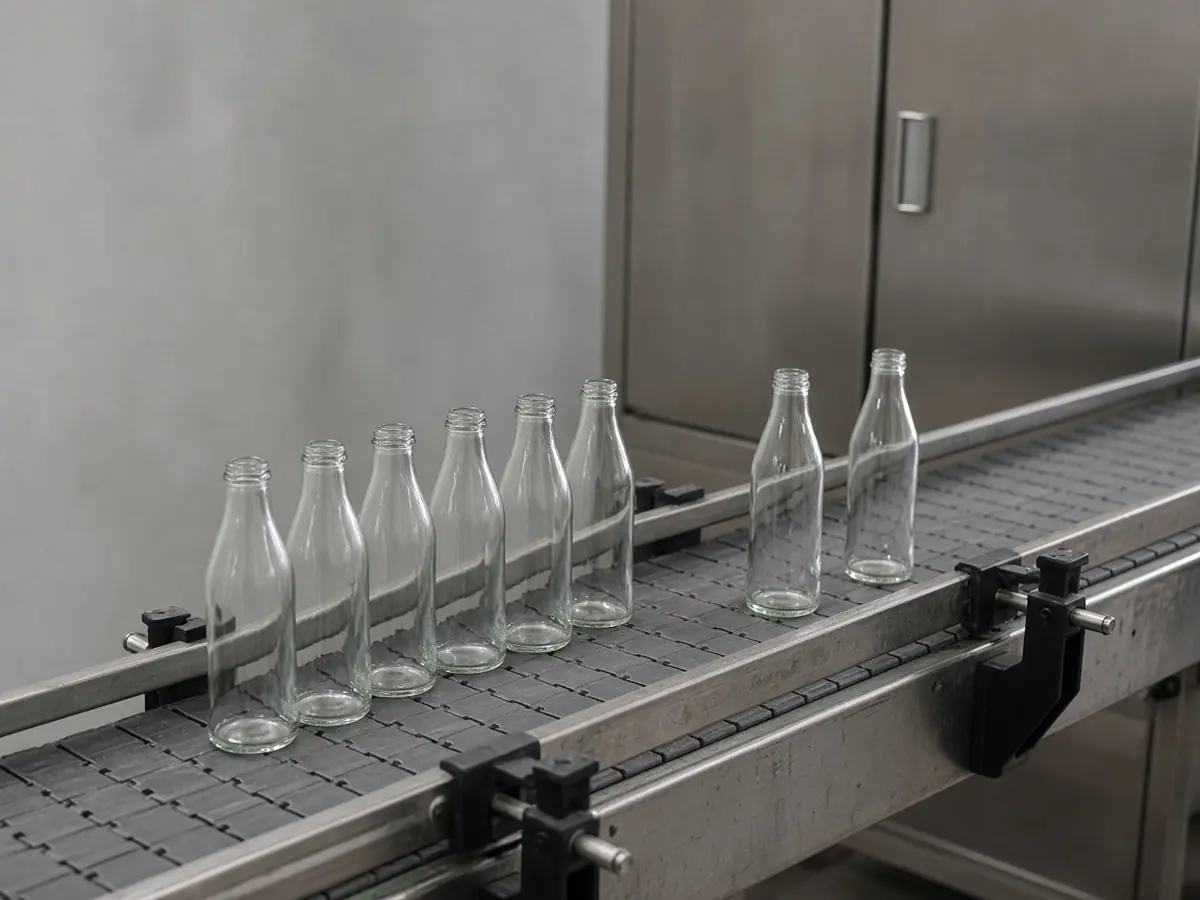 Unlabeled clear glass bottles on a conveyor, with an empty stretch of belt between one group and two bottles farther along.