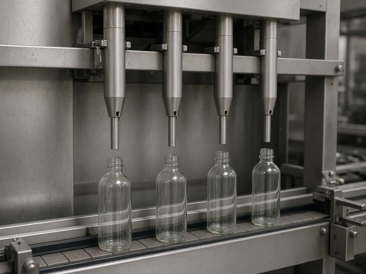 Four stainless fill nozzles above four unlabeled clear glass bottles on a conveyor.
