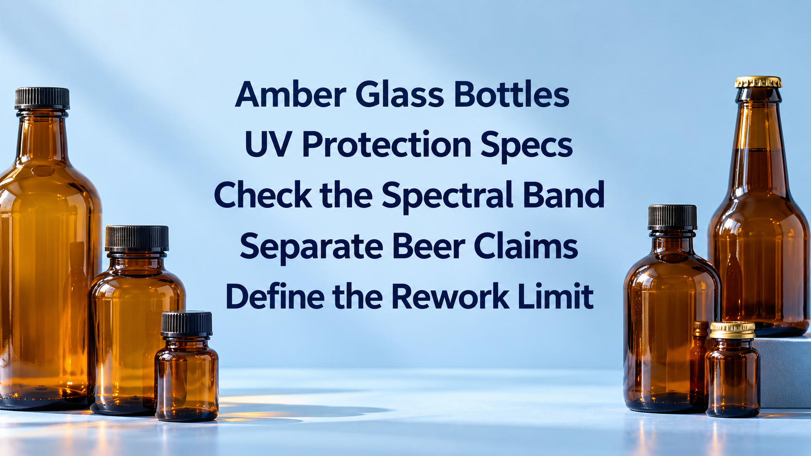 Amber glass bottles beside the words Amber Glass Bottles, UV Protection Specs, Check the Spectral Band, Separate Beer Claims and Define the Rework Limit