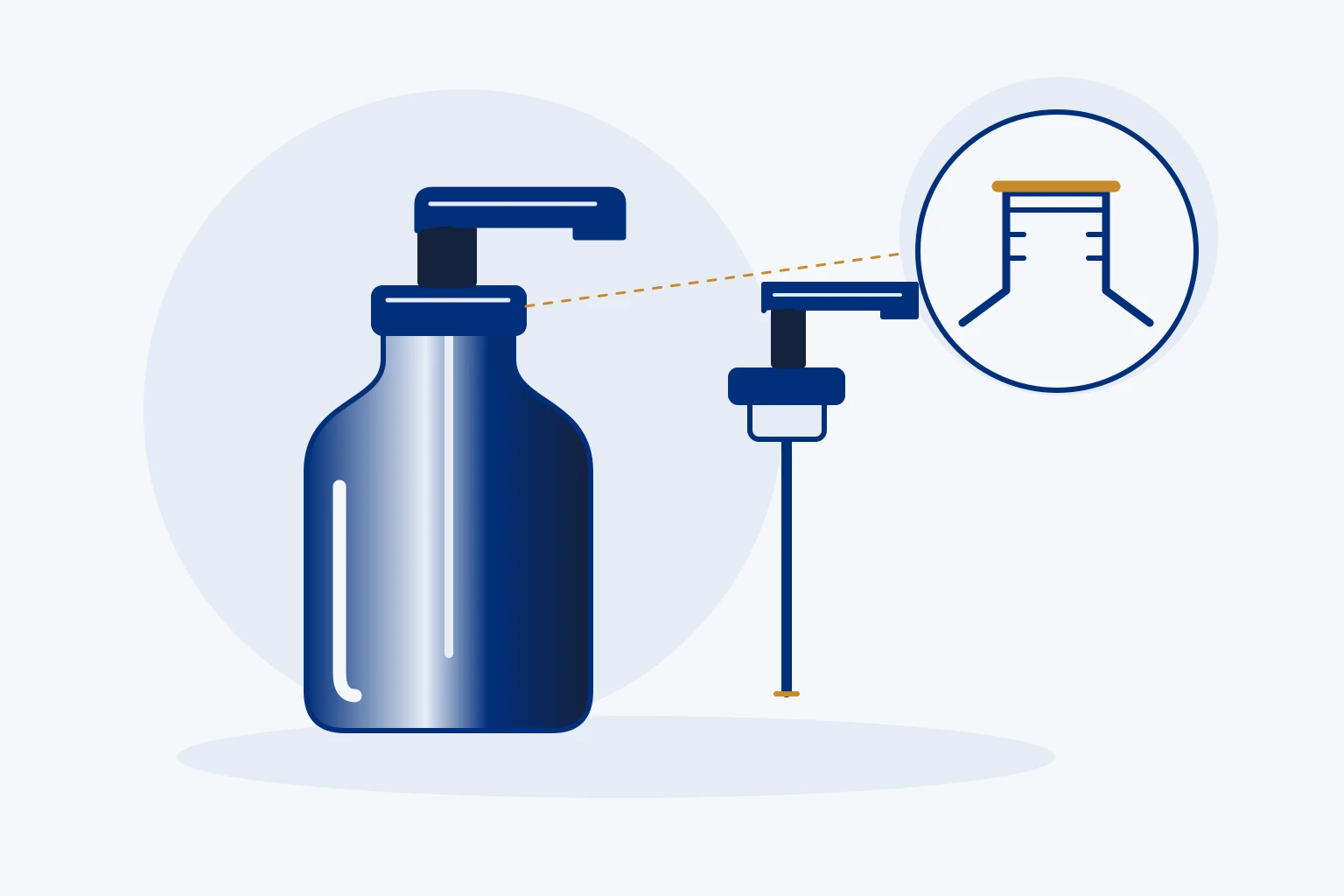 Illustrative unbranded glass pump bottle beside a separate pump and neck detail; not the announced L'Occitane package