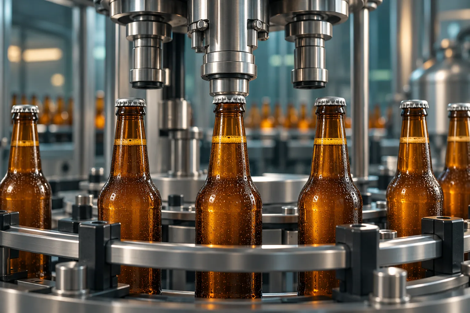 Illustration of amber longneck beer bottles passing a crowning machine on a bottling line
