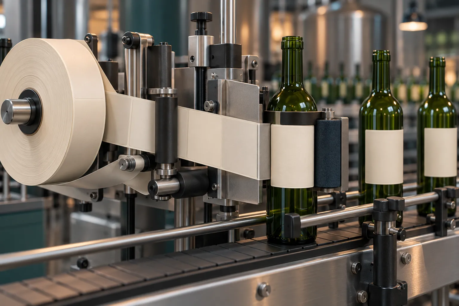 Illustration of a labeling station applying a wraparound label to glass bottles on a conveyor