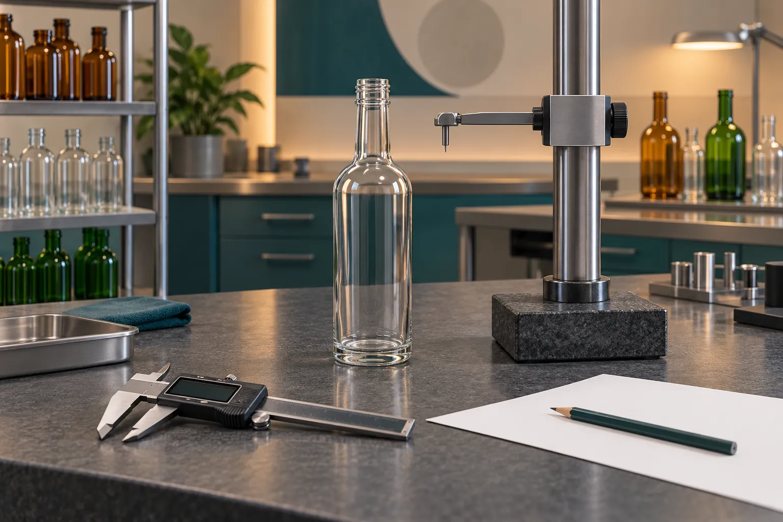 Illustration of sample glass bottles on a measuring table with calipers, a height gauge and a blank specification sheet