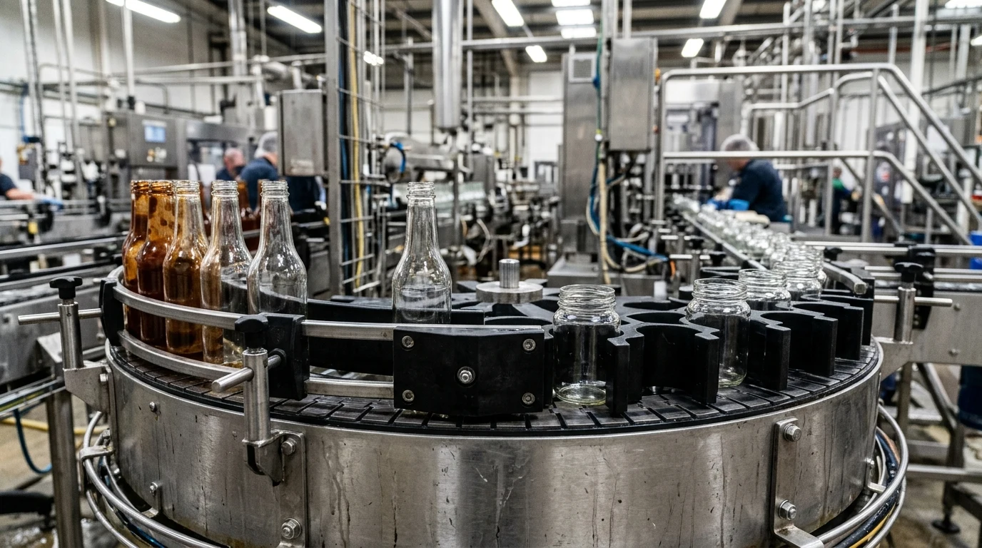 Conveyor curve with polymer starwheel pockets and adjustable guide brackets holding amber glass bottles and clear glass jars