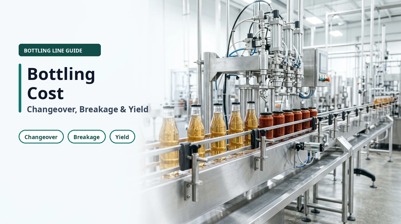 Stainless steel bottling conveyor carrying glass beverage bottles and sauce jars beneath linear filling nozzles