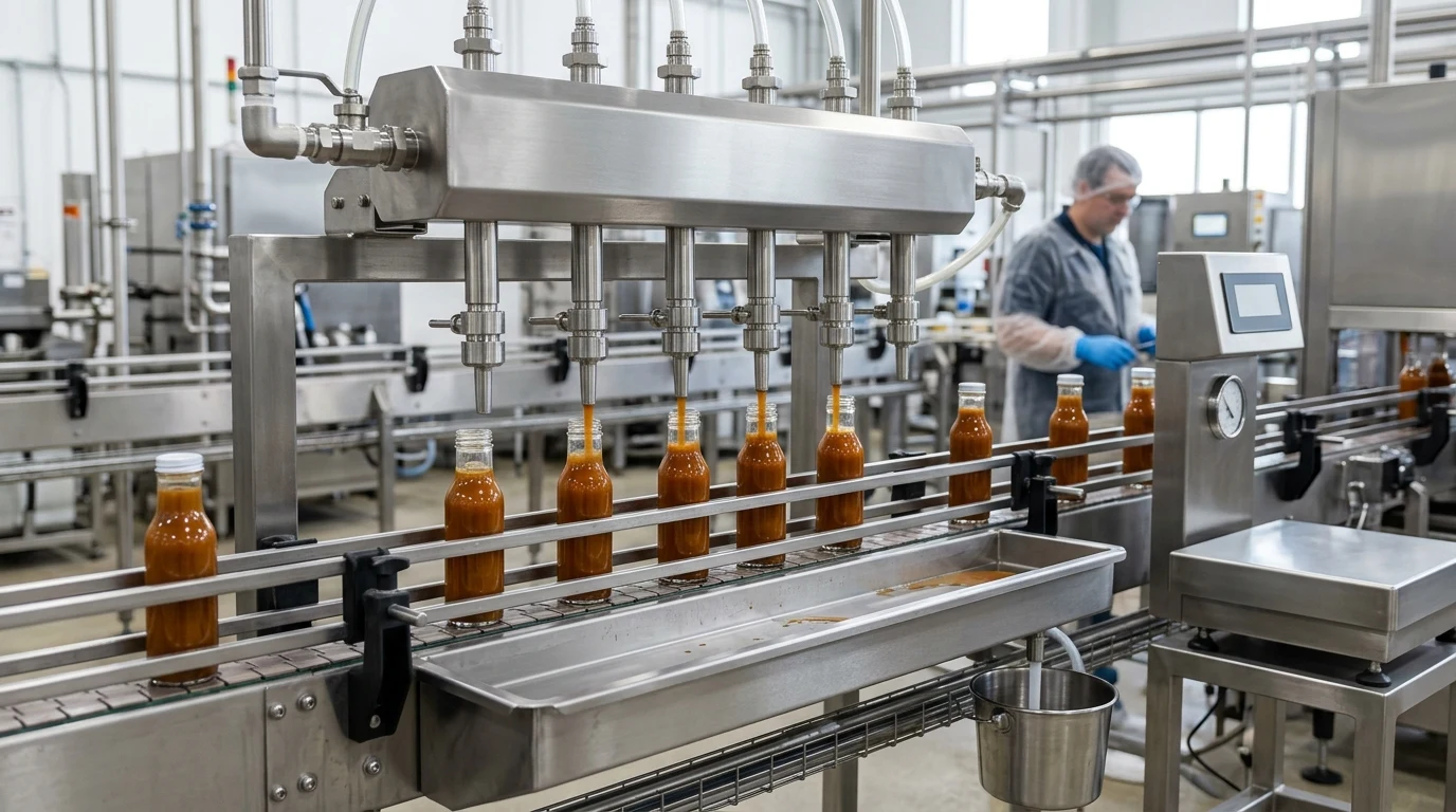 Sanitary stainless steel multi-nozzle filling manifold dispensing sauce into glass bottles above a catch tray