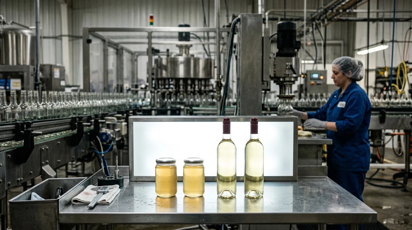Backlit inspection panel on a stainless steel quality table illuminating sealed glass jars and wine bottles