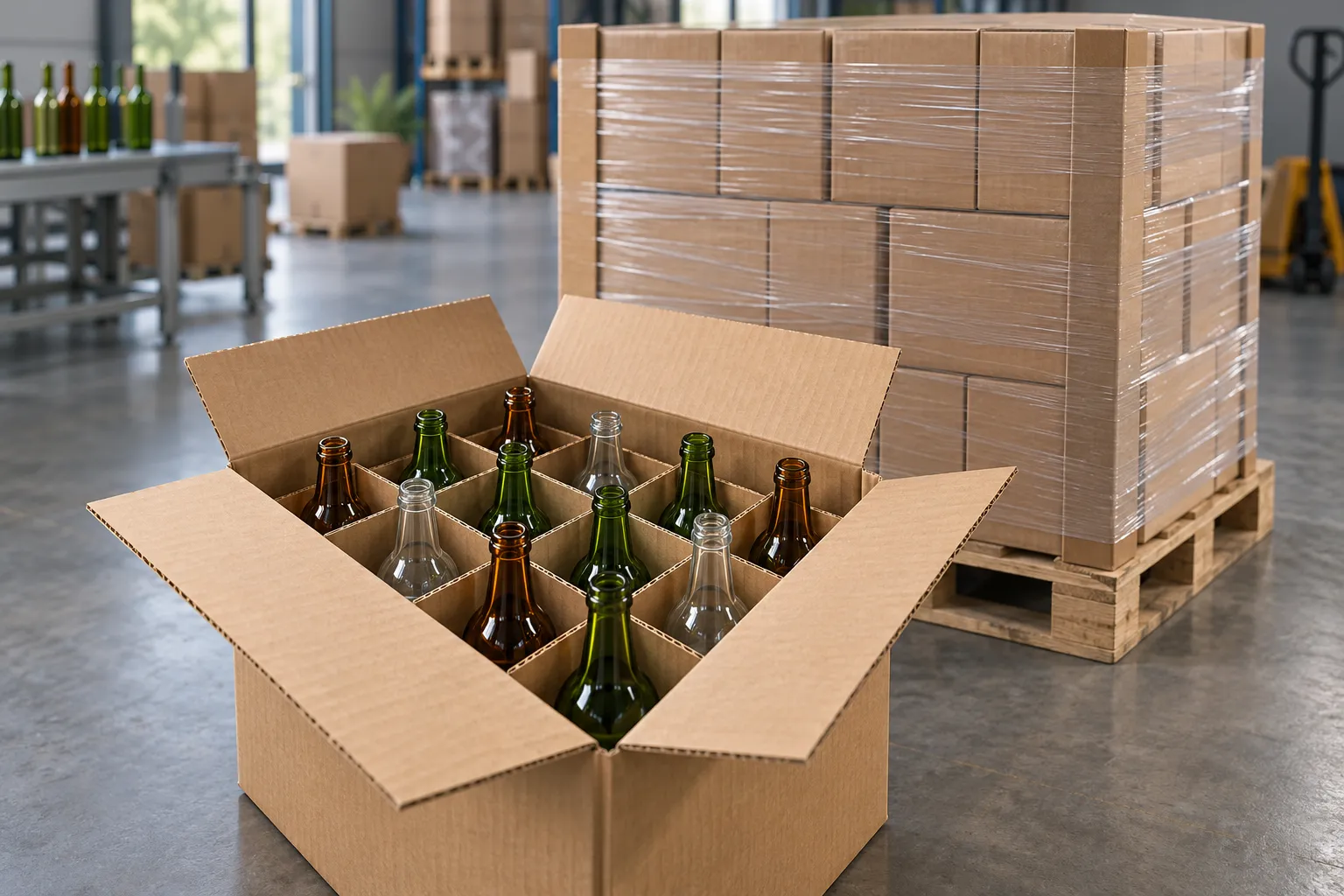 Illustration of glass bottles in a partitioned corrugated case beside a stretch-wrapped pallet