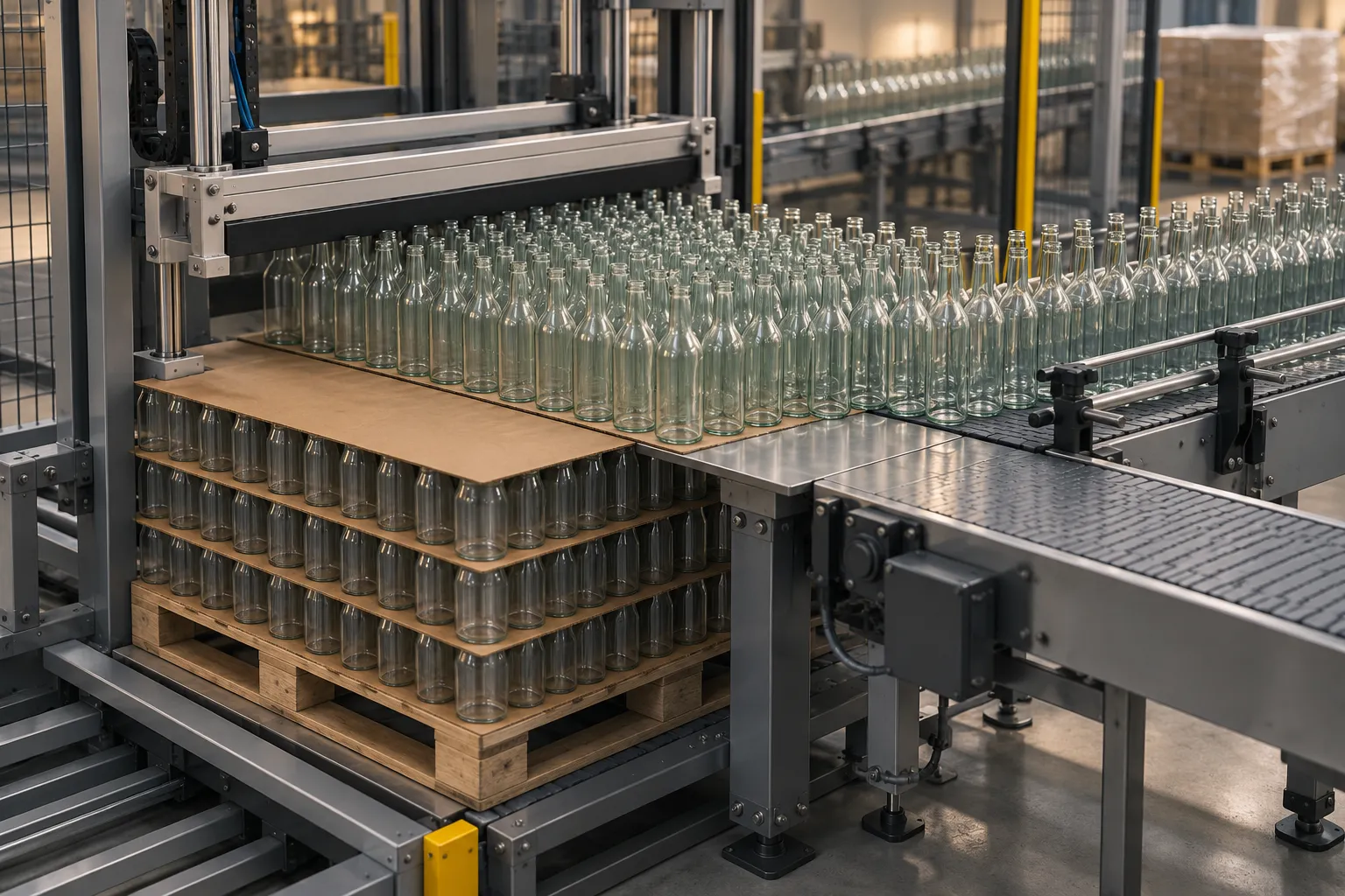 Illustration of a layer of empty glass bottles with a tier sheet being pushed onto a conveyor line