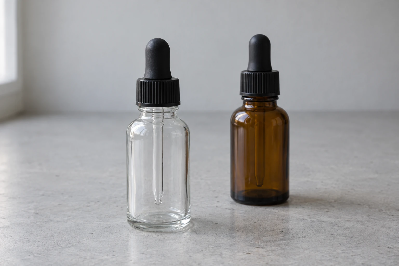 Illustration of an unbranded amber bottle and a clear bottle under the same soft indoor light, both fitted with black bulb droppers