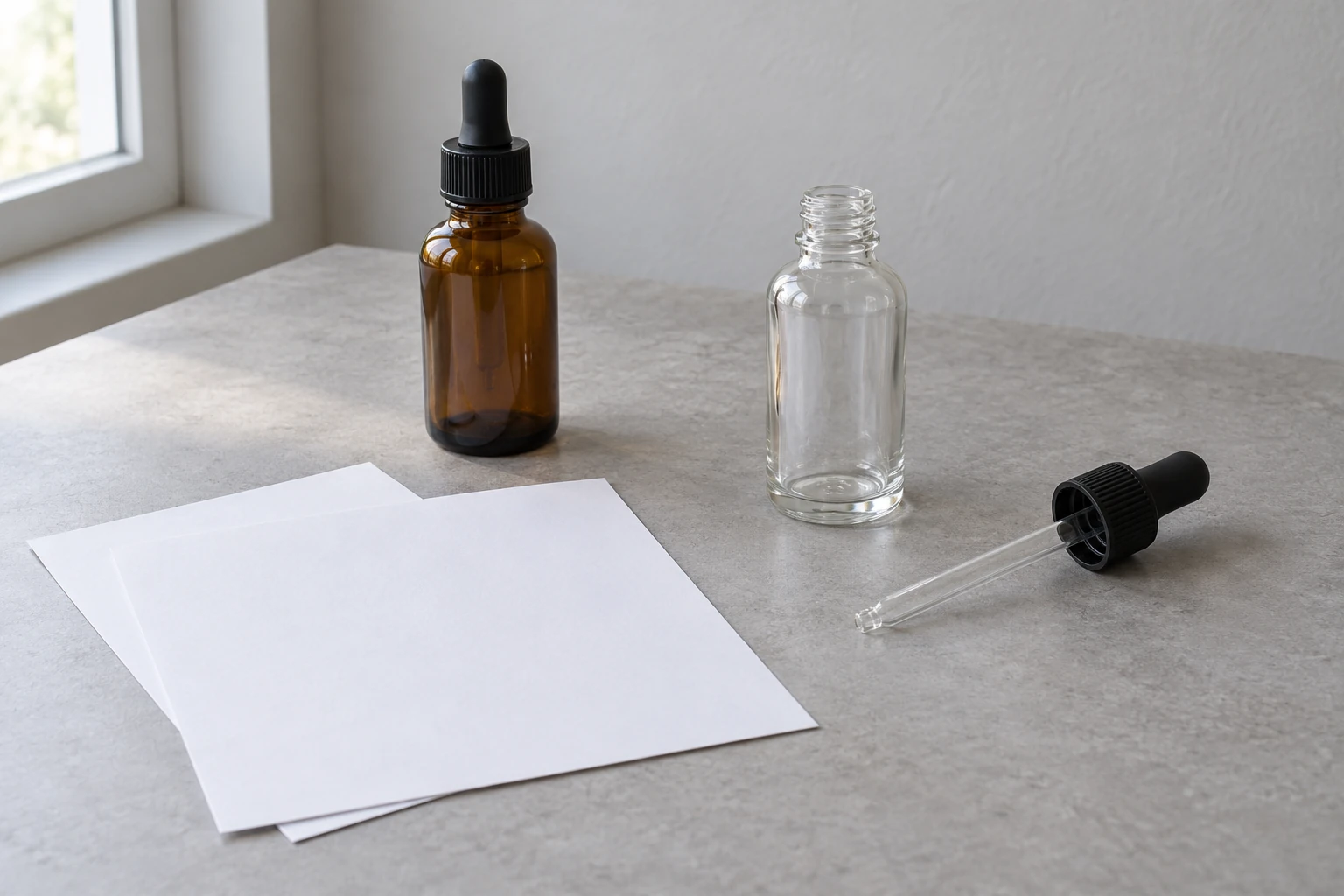 Illustration of one capped dropper bottle, an uncapped sample with its complete dropper beside it, and blank paper on a plain review bench