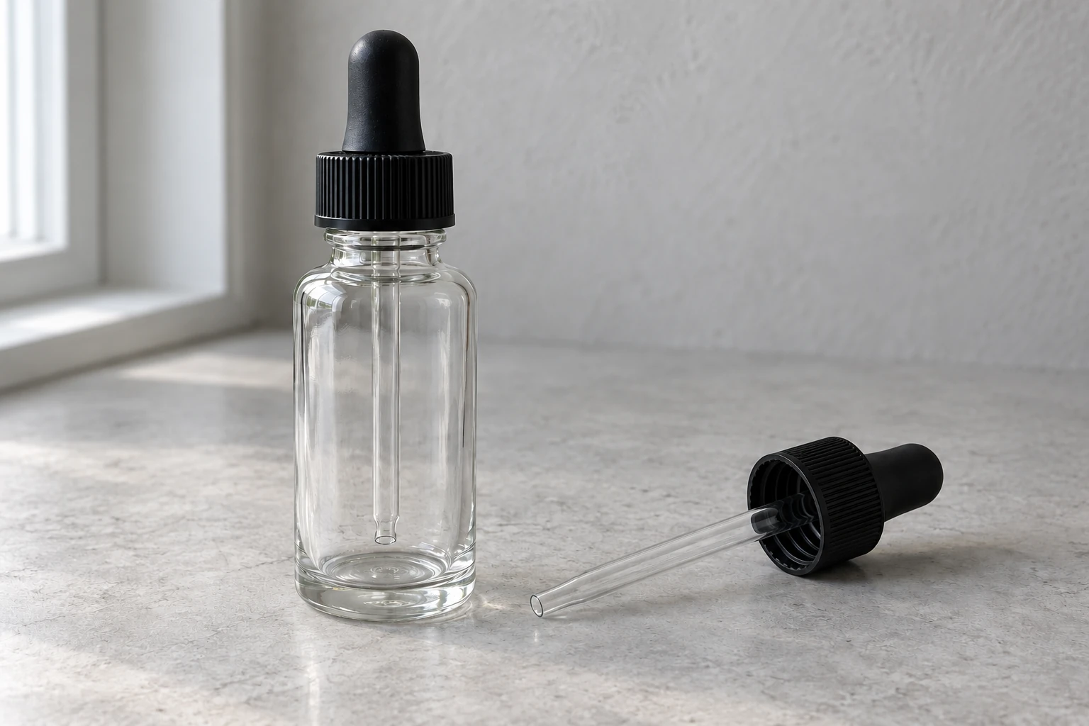 Illustration of a transparent bottle with an inserted pipette and a separate dropper assembly beside it, showing the internal base and stem tip