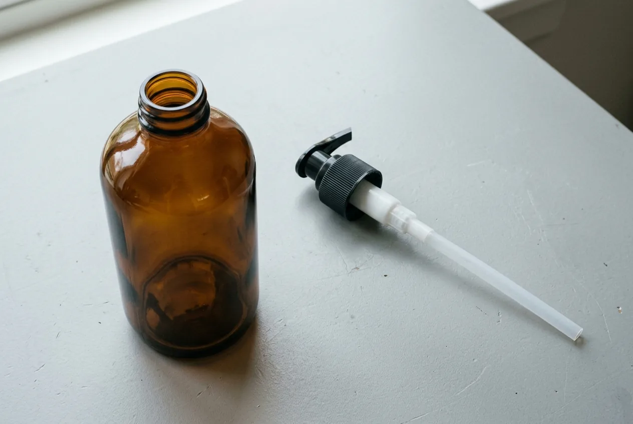 Uncapped amber glass Boston round bottle standing beside an unmounted screw-on pump dispenser showing the open glass neck bore, ribbed collar, cylindrical pump housing, and translucent dip tube