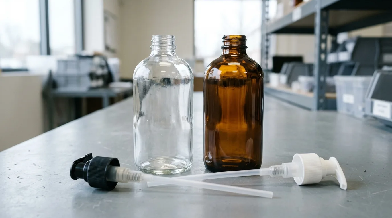 Empty clear and amber glass Boston round bottles beside unmounted screw-on lotion and treatment pump dispensers with dip tubes on a gray inspection bench