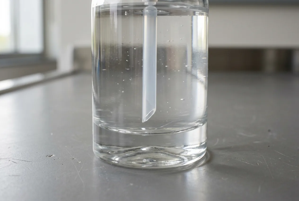 Close-up side view through the lower base of a liquid-filled clear glass pump bottle showing a thick flat glass bottom and a straight-hanging dip tube with an angled tip sitting in the product with a small space above the container bottom