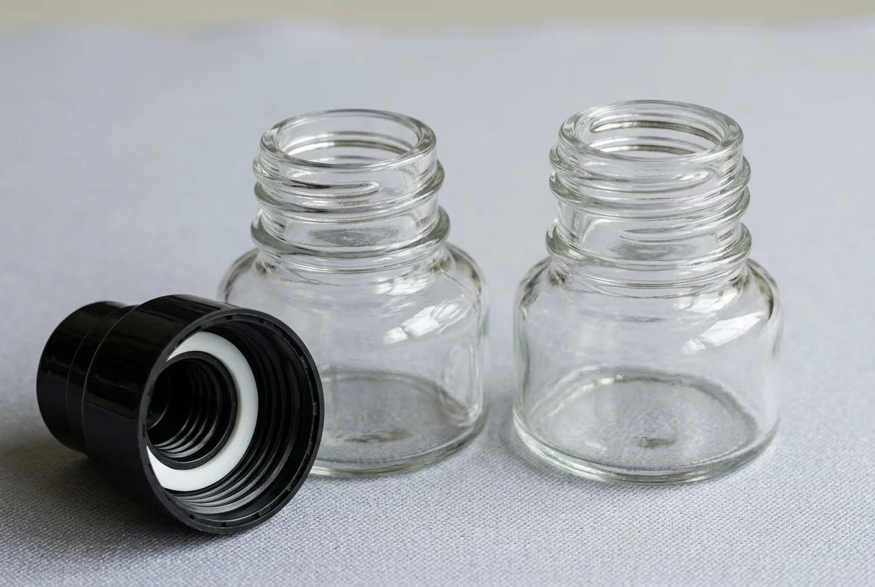 Macro view of two threaded clear glass bottle necks beside an inverted black screw-on pump collar showing internal threads and a white annular sealing gasket