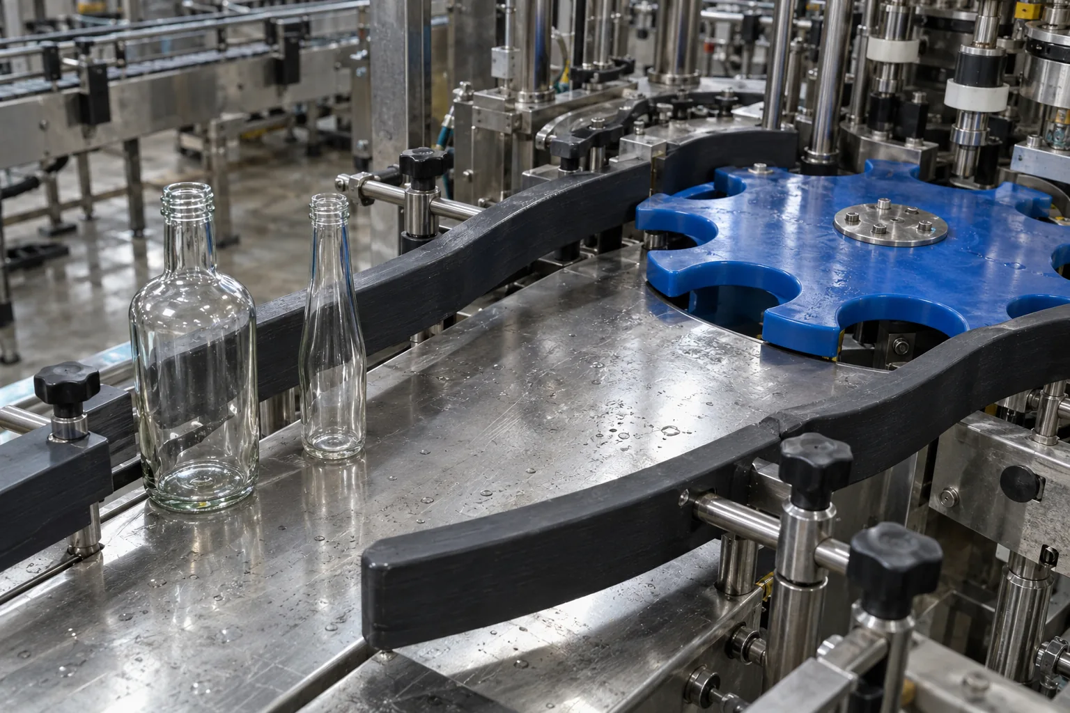 Close view of stainless-steel conveyor transfer deadplate with machined dark-grey UHMW-PE bottle guide rails, a blue polymer starwheel pocket wheel, clamping knobs and two clear glass bottles of different diameters