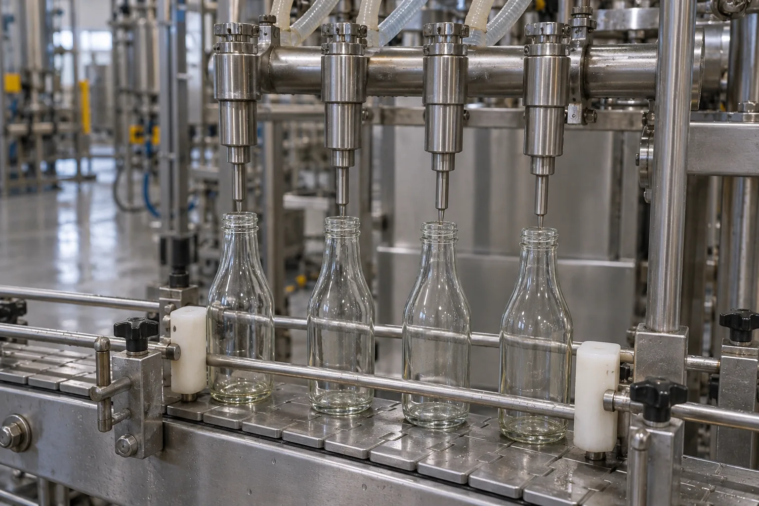 Four vertical stainless-steel liquid filling nozzles above clear glass bottles held between white indexing stop-pins on a slat conveyor