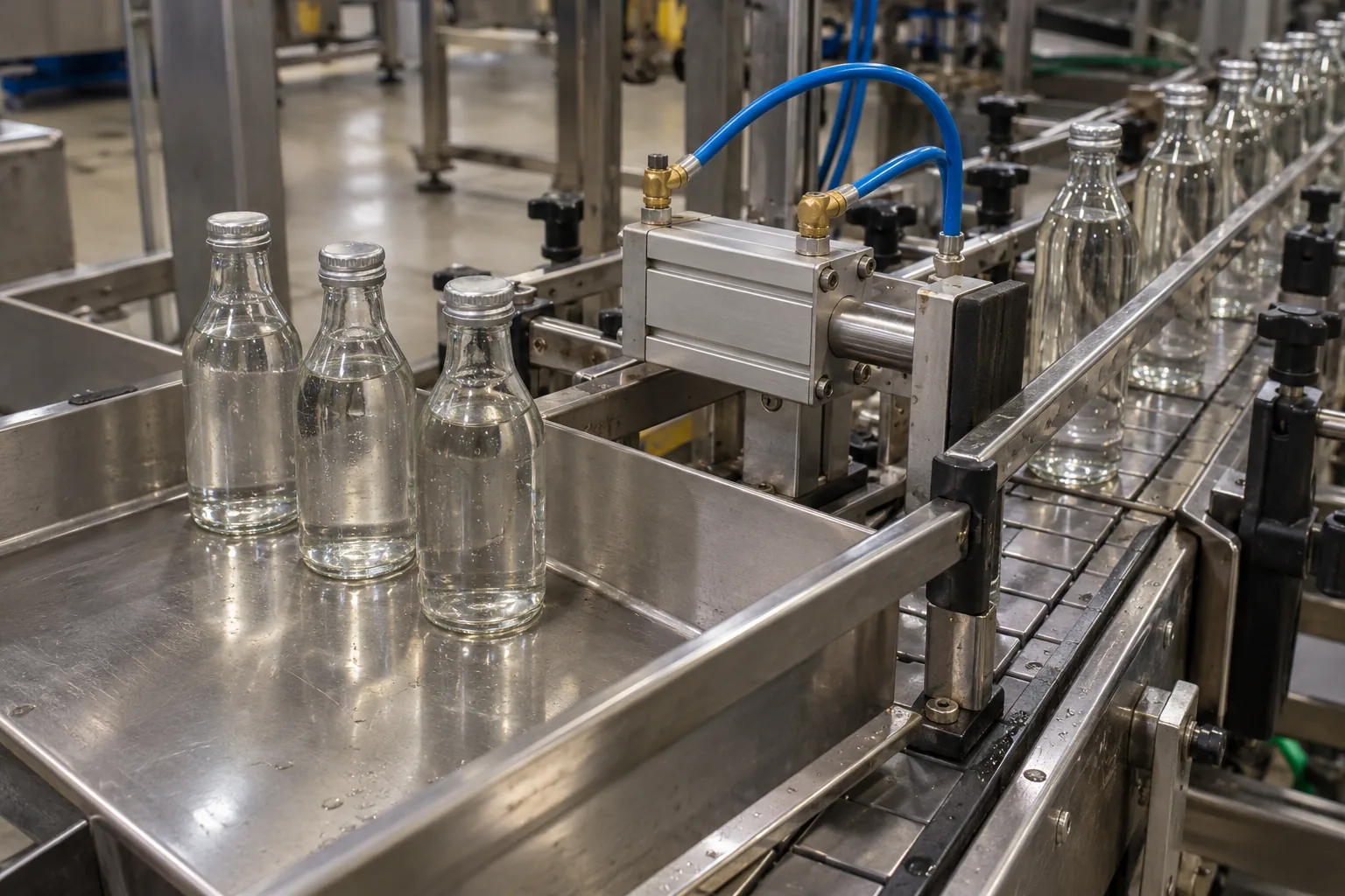 Stainless-steel reject accumulation table branching off a slat-chain conveyor beside a brushed-aluminum pneumatic pusher cylinder with three capped clear glass bottles diverted onto the side deadplate