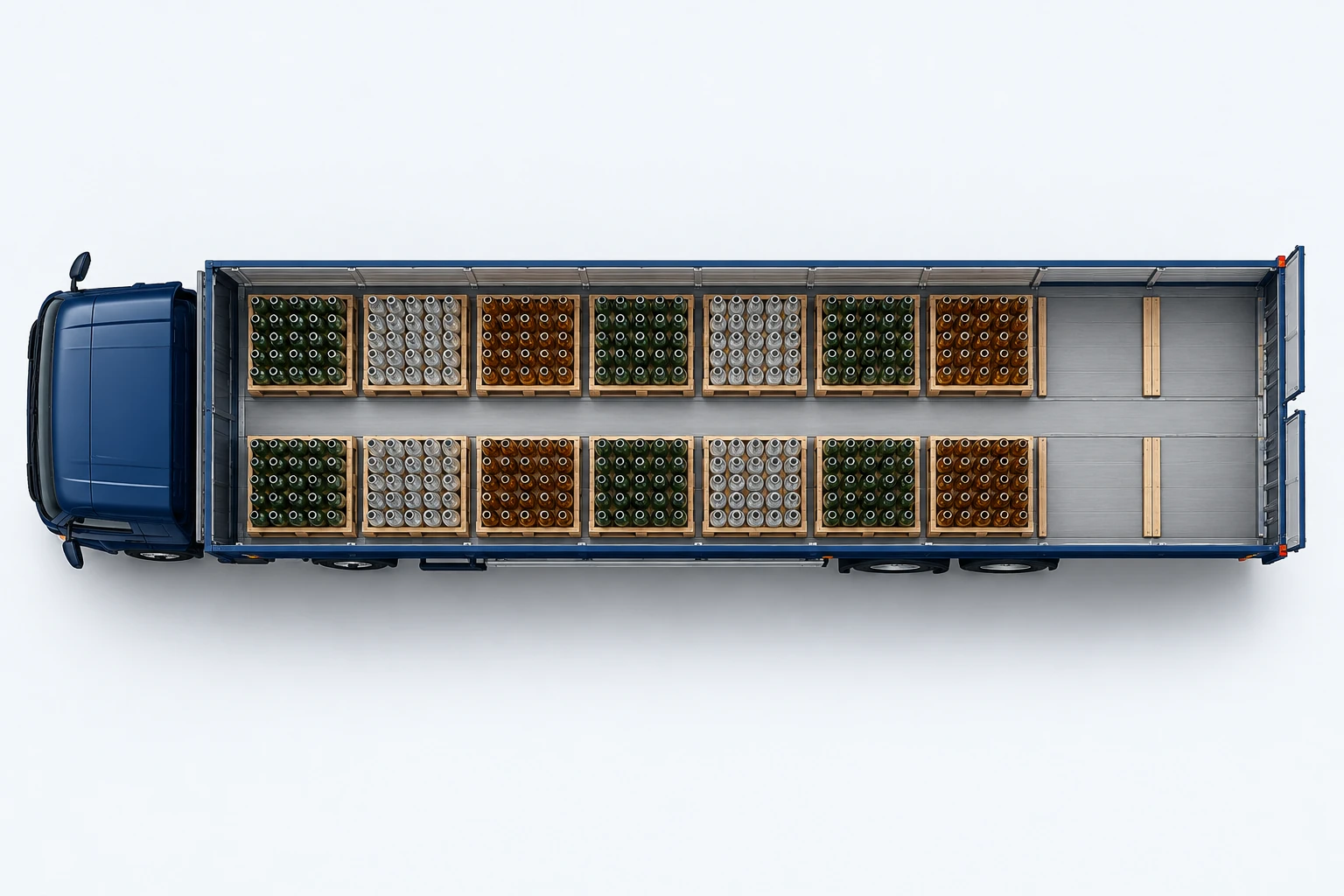 Illustration of a trailer floor plan loaded with pallets of glass bottles, with some pallet positions left empty because the load has reached its weight limit