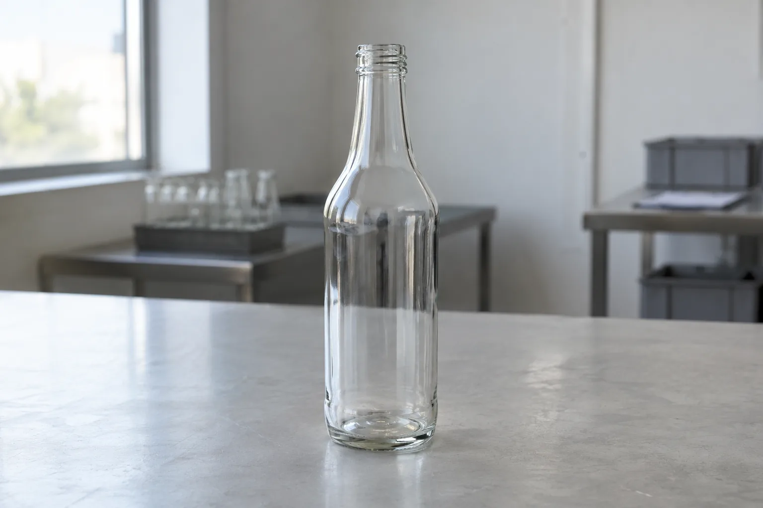 Clear glass bottle standing on a gray inspection workbench
