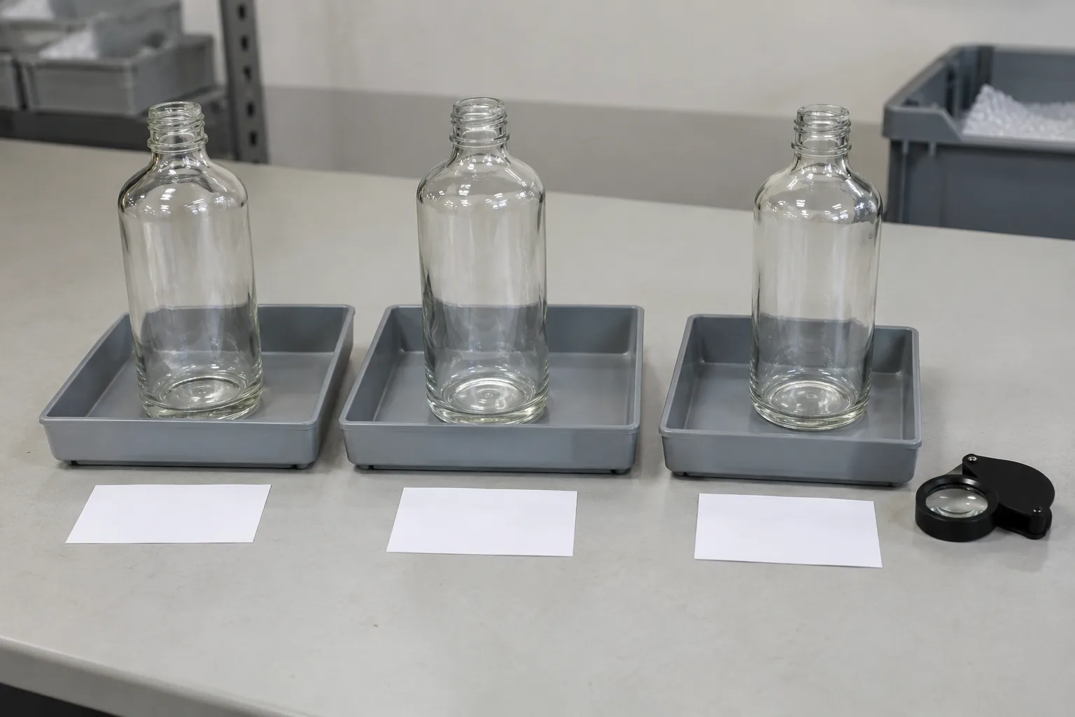 Three empty clear bottles standing separately in shallow gray trays beside blank cards and a magnifying loupe