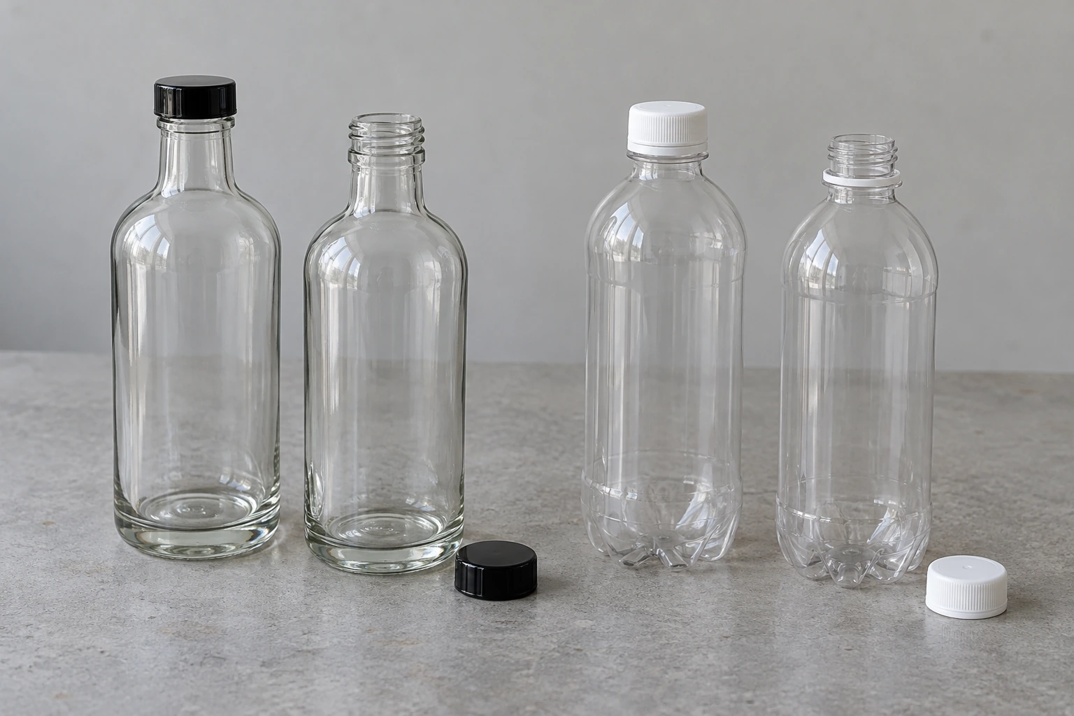 A clear glass bottle and a clear plastic bottle of similar size on a grey sample bench, each with its screw cap, plus an uncapped example of each with the cap lying beside it