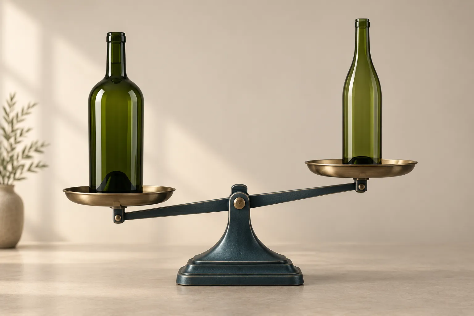 Illustration of two wine bottles on either side of a balance scale, one visibly thinner and lighter than the other