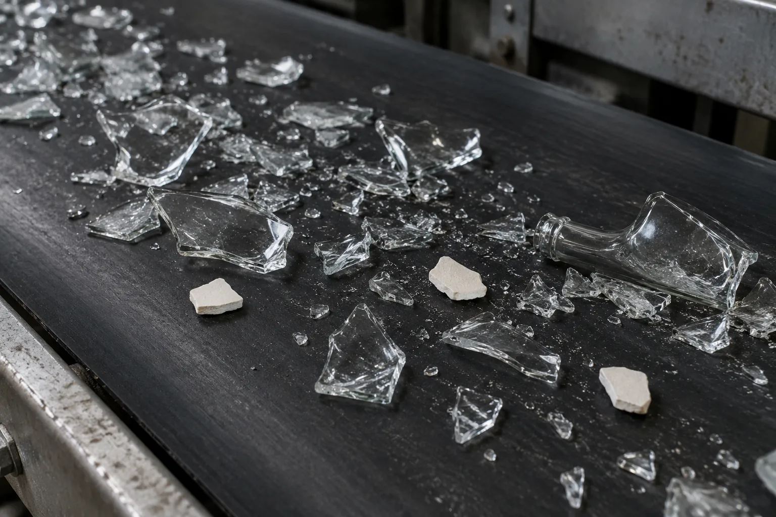 Colorless glass shards and small matte ceramic chips on a dark conveyor belt
