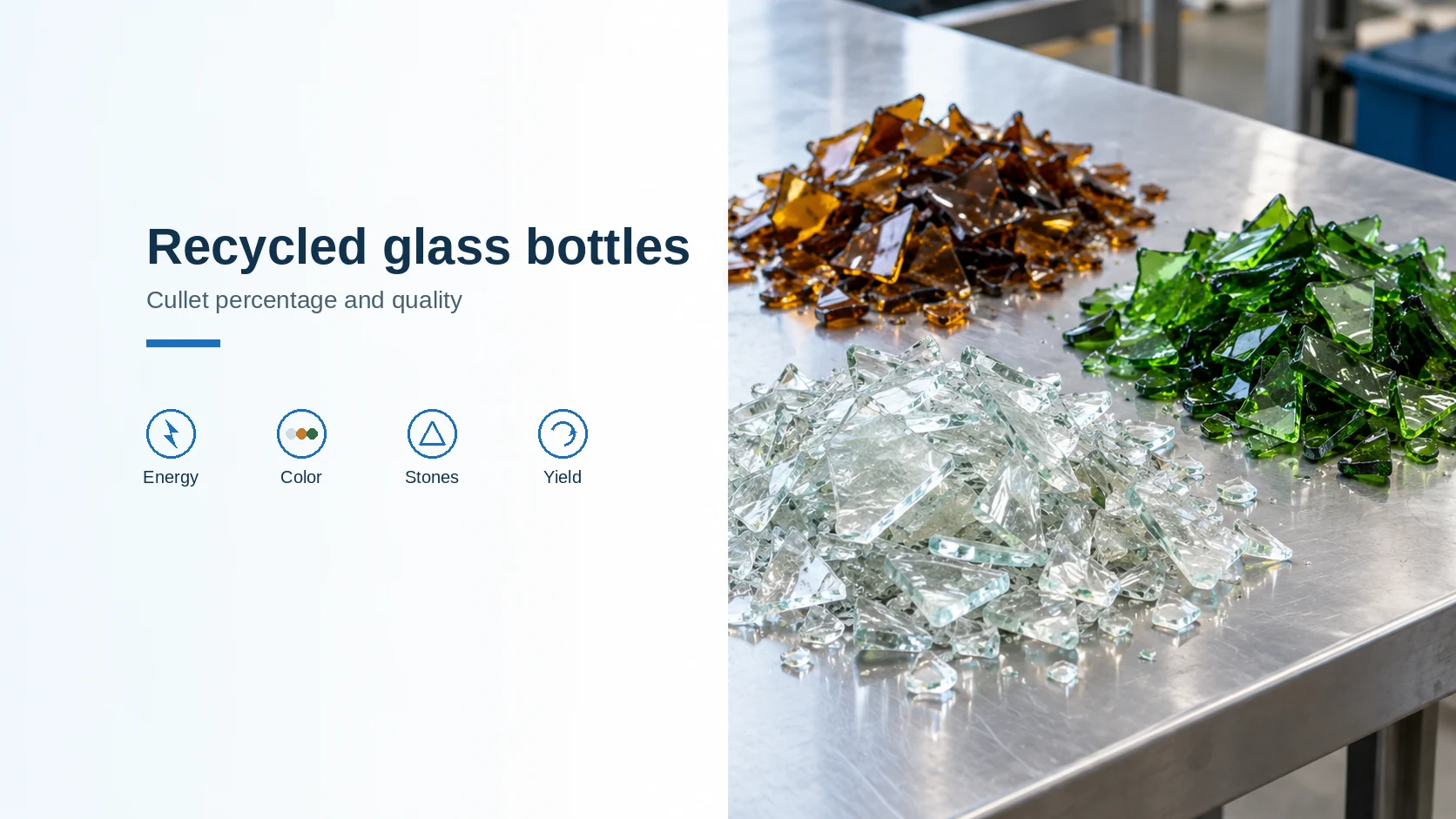 Cover titled Recycled glass bottles, Cullet percentage and quality, with labels Energy, Color, Stones and Yield, beside unsorted flint, amber and green cullet piles.