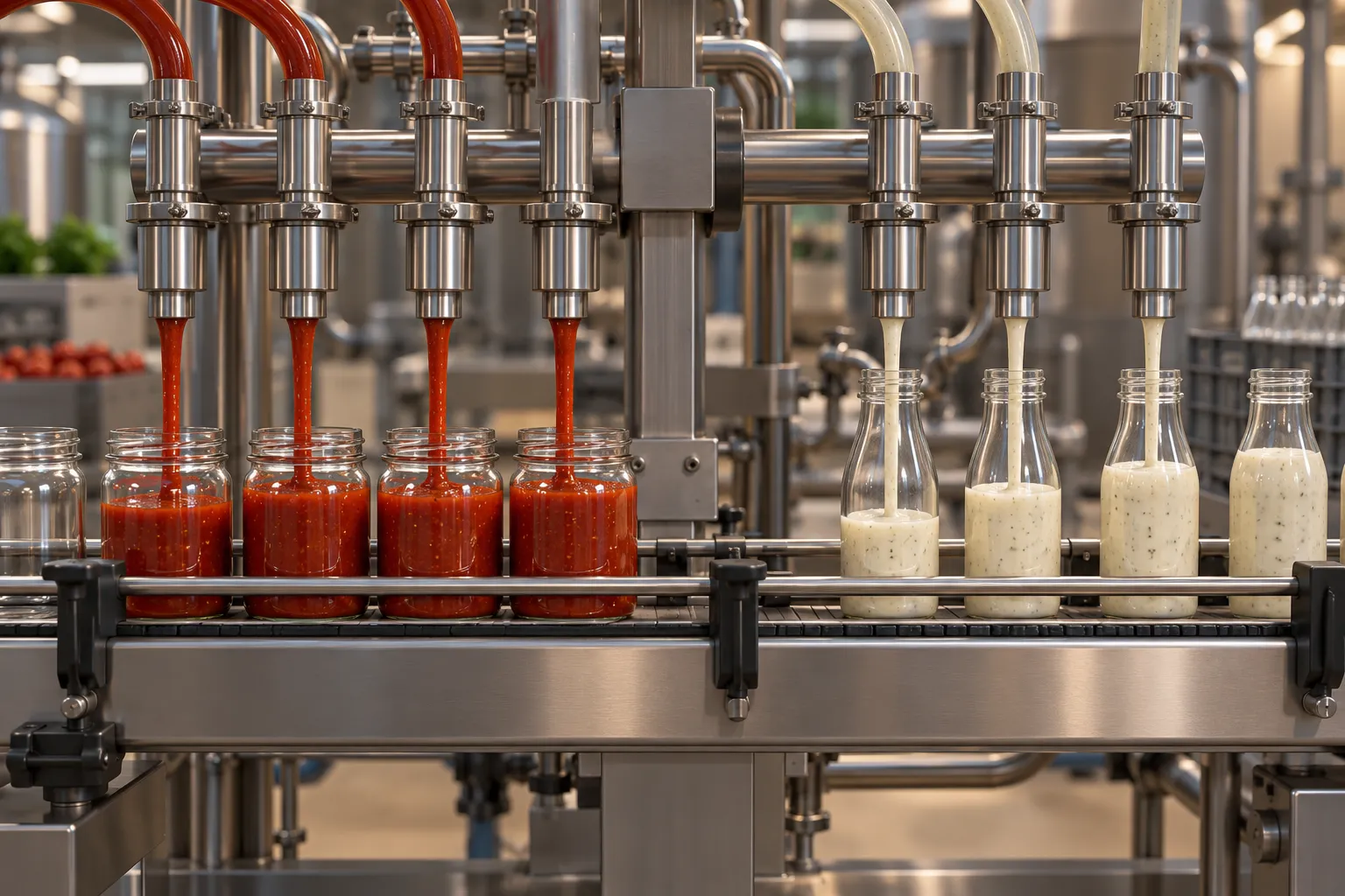 Illustration of glass sauce and dressing jars on a filling line with a piston filler nozzle
