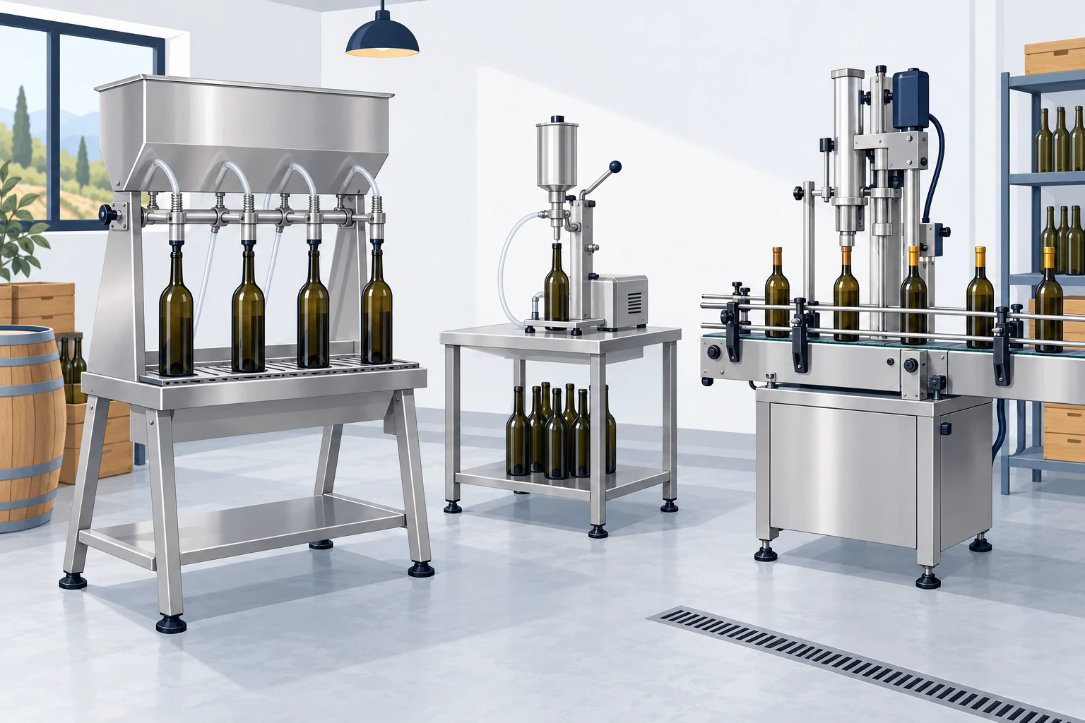 Illustration of a small bottling room with a multi-spout gravity filler, a benchtop filler and a compact fill-and-cap machine handling glass bottles