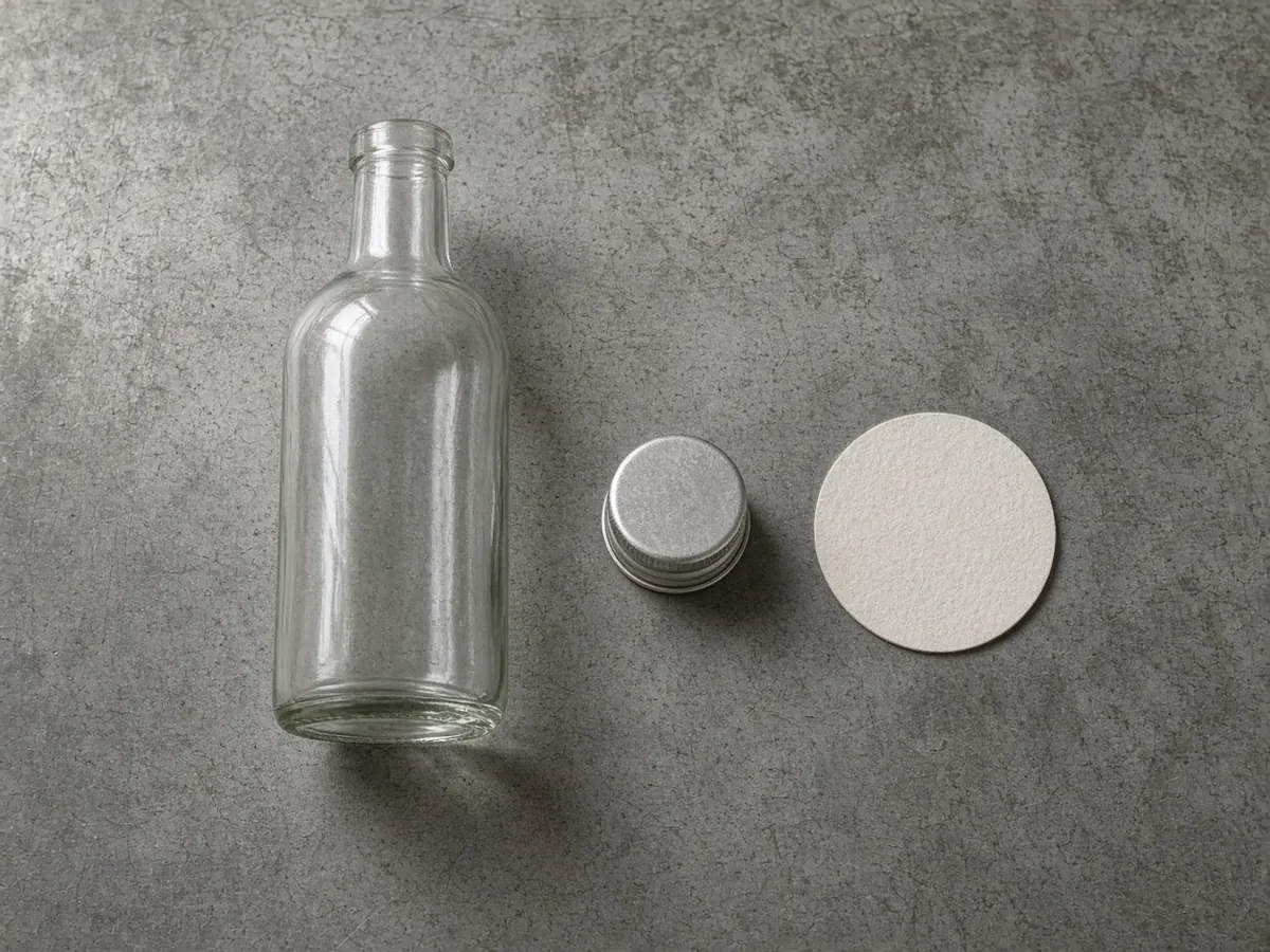 A clear glass bottle, a plain metal screw cap, and a round white disk lying apart on a gray table.