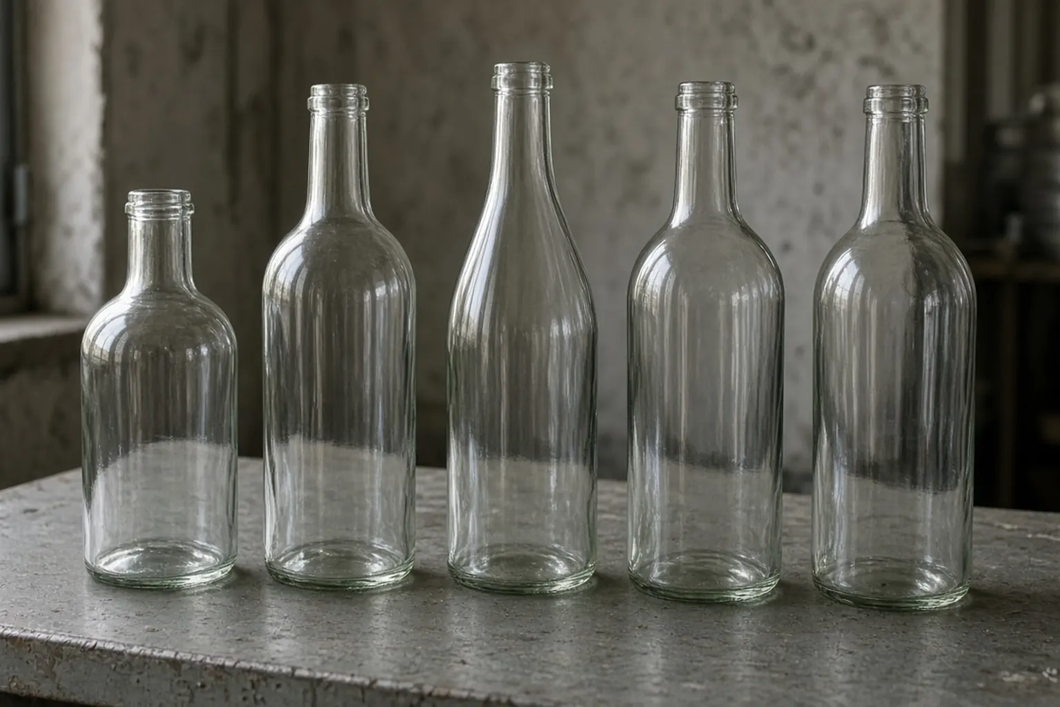 Five empty clear glass bottles of different heights standing on a worn gray bench.