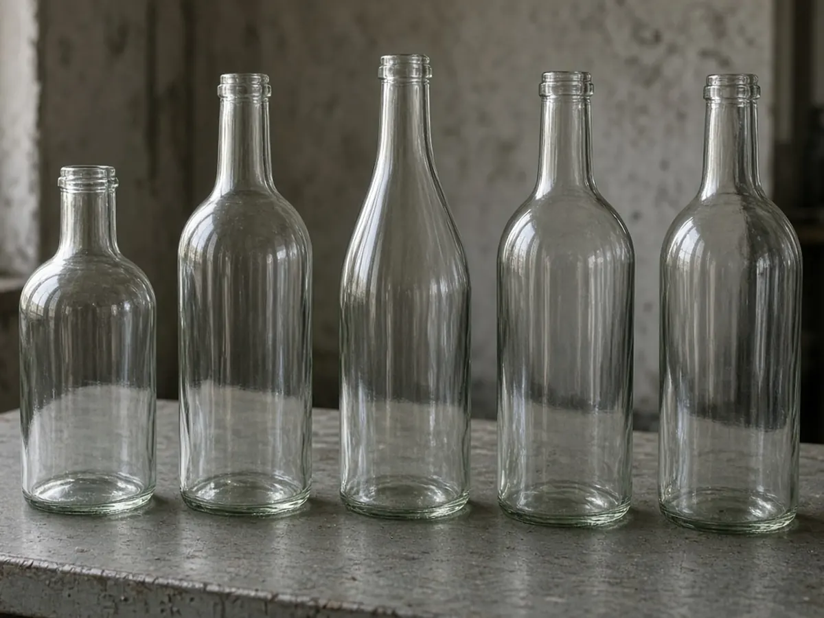 Five empty clear glass bottles of different heights standing in a row on a worn gray bench.