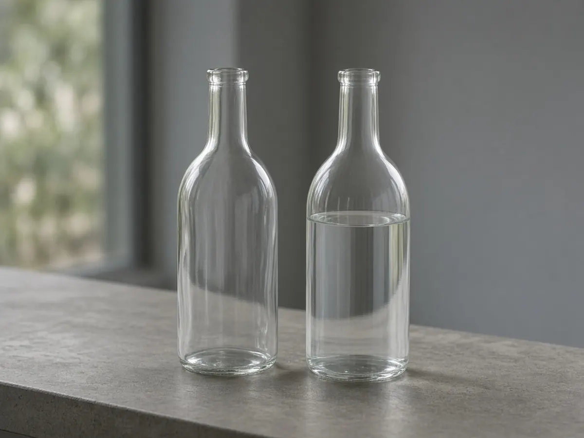 Two clear glass bottles on a gray bench. The left bottle is empty. The right bottle holds clear liquid below the neck.