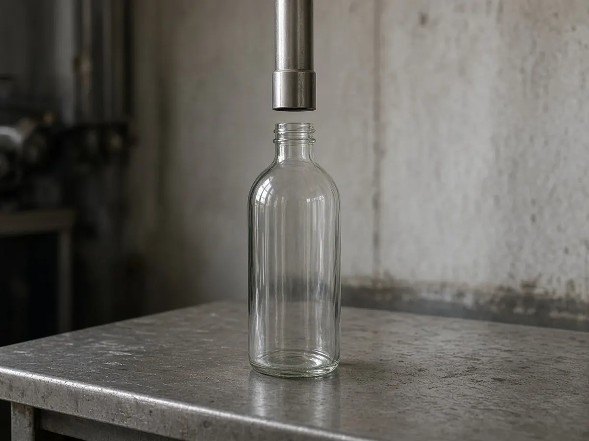 An empty clear glass bottle on a metal table, with a plain metal tube suspended above the opening.