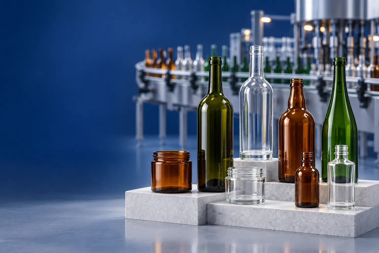 Illustration of amber, green and clear glass bottles and jars in front of a softly blurred filling line.