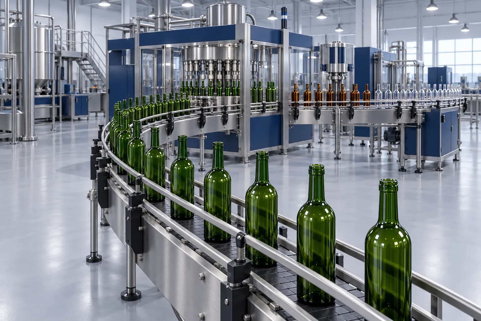 Illustration of glass bottles moving along a conveyor through a bottling line.
