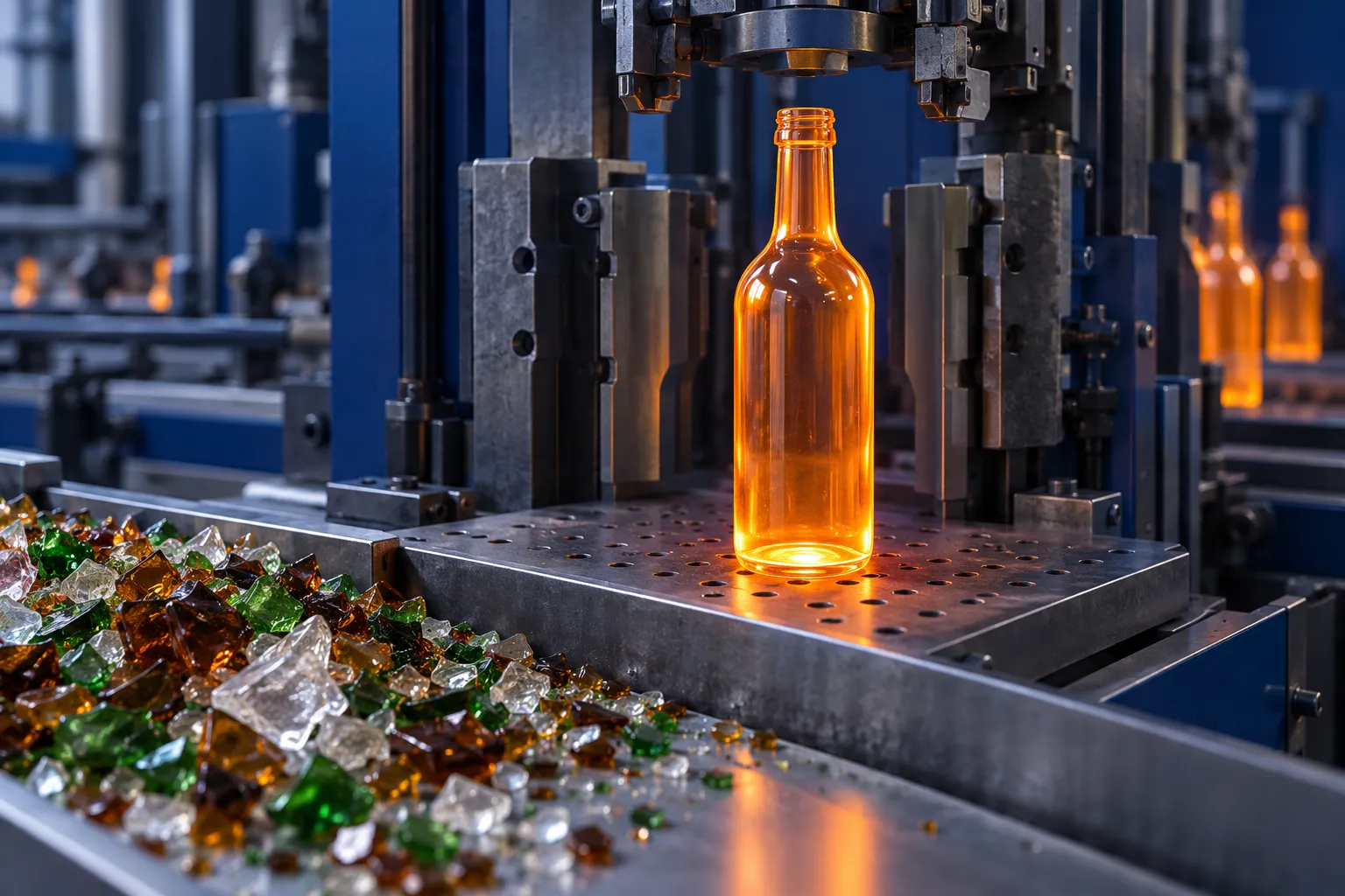 Illustration of glowing molten glass forming bottles, with a pile of crushed glass cullet nearby.
